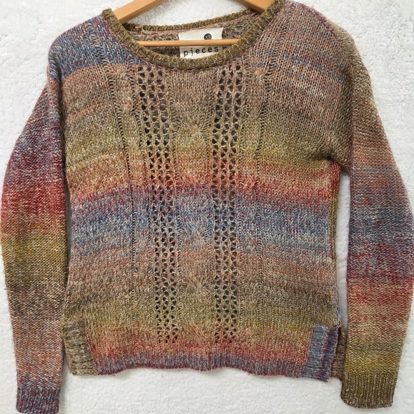 Pieces Sweaters - Pieces Kensie Boho Rainbow Stripe Knit Grandpa Sweater Top XS Open Weave